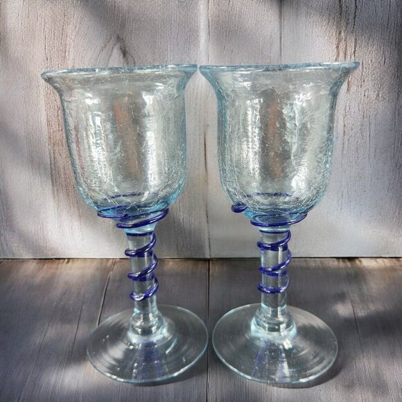 Hand Blown Crackle Glass Goblet Drinking Glasses Set 2 Clear Blue Swirl Goblets - Picture 2 of 12